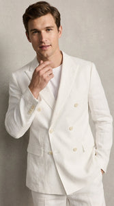 Men’s White Summer Suit with Shorts, 2 Piece Linen Style Wedding Beach Short Suit Set double breasted style