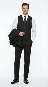 Vitali Mens Black Tone on Tone Shadow Stripe Vested Suit Set – 3 Piece Modern Fit Pinstripe Two Buttons