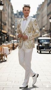 Mens White and Gold Floral Tuxedo Jacket with Satin Lapel – Luxury Prom, Wedding and Formal Dinner Blazer