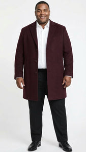 Men’s Burgundy Mid-Length Overcoat – Classic Fit Wool Blend Dress Coat Three Quarter Carcoat Topcoat