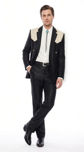 Men's Black Western Suit with White Shoulder Yoke – 2 Piece Cowboy Wedding Suit & Western Blazer with Matching Dress Pants