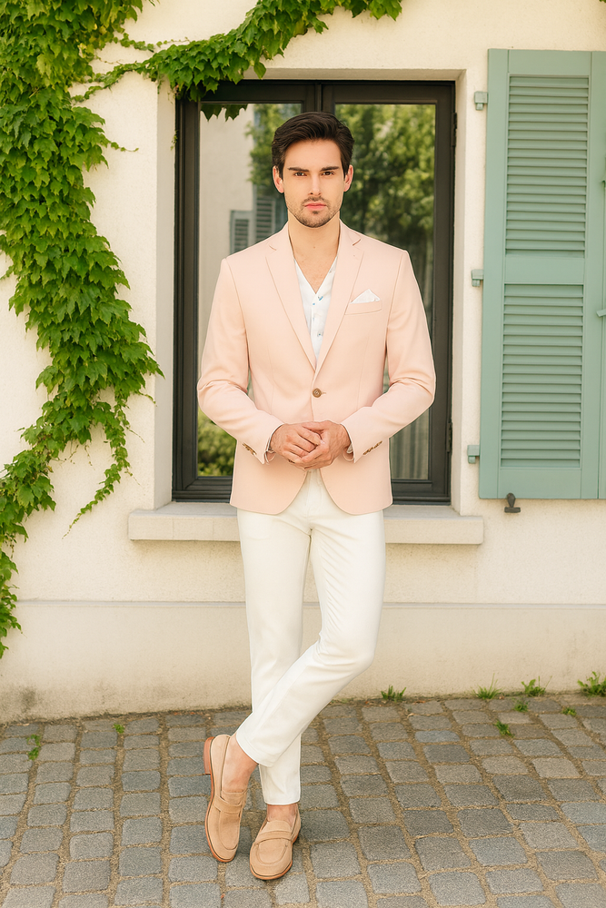 Men’s Blush Pink Slim Fit Blazer – Stylish Two-Button Sport Coat with Notch Lapel