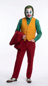 Men's Joker 2019 Red 3-Piece Suit – Joaquin Phoenix Movie-Inspired Costume with Mustard Orange Vest & Green Shirt & Tie Package
