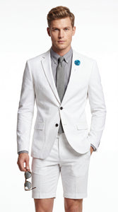Men’s Cotton Fabric White 2 Piece Summer Suit with Shorts, Casual Beach Wedding and Resort Formal Outfit