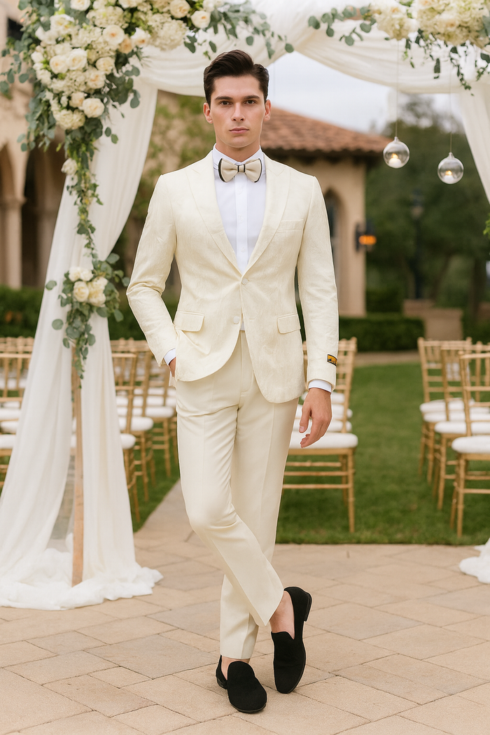 Men’s Ivory Floral Embroidered Tuxedo Jacket – Elegant Wedding and Party Blazer in Cream Color With Ivory Pants