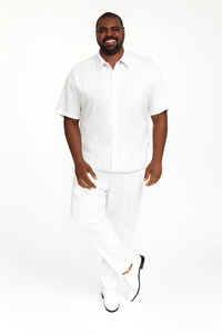 Men’s Linen White Embroidered Guayabera Two-Piece Set – Short Sleeve Shirt and Pants - Summer Walking Suit