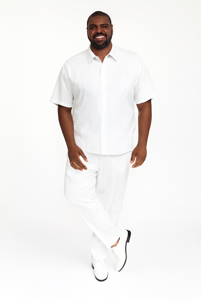 Men’s Linen White Embroidered Guayabera Two-Piece Set – Short Sleeve Shirt and Pants - Summer Walking Suit