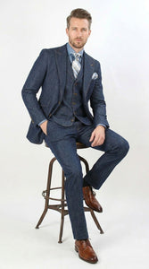 Men’s Pleated Pants Dark Blue Denim 3 Piece Suit – 100% Cotton Formal Suit Set, Blazer Vest Pants Outfit Classic Fit Athletic Fit Lose Fit