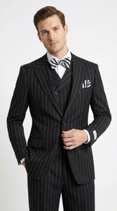 Men’s Black Pinstripe 3-Piece Suit Wool Suit  – Classic Fit Single Button Suit with Wide Leg Pleated Pants By Tiglio Russo