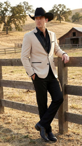 Men's Light Tan and Black Lapel Western Tuxedo Suit Set Wedding Party Cowboy Dress Tuxedo Black Pants