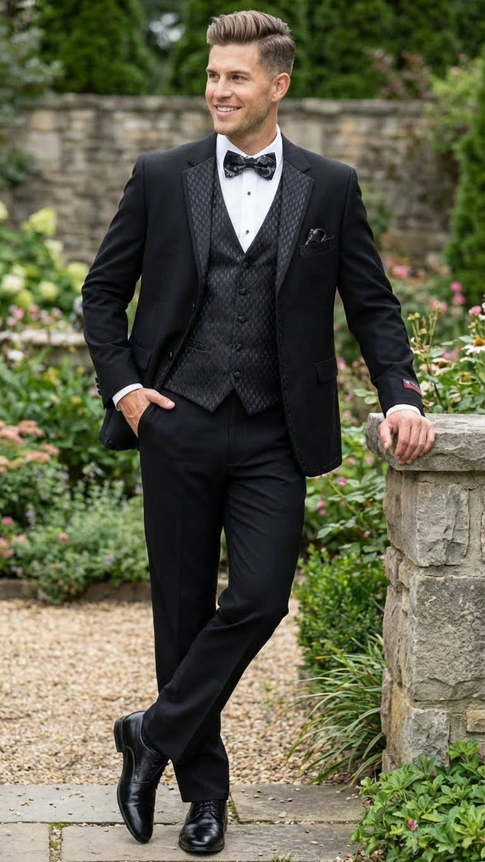 Men's Black Vested Tuxedo Suit with Patterned Lapel – Classic Formal Suit for Wedding, Party and Evening Events