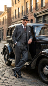 Al Capone Men’s Charcoal Gray Stripe 3-Piece Gangster Style Suit – 1920s Jazz Club Inspired Formal Suit Outfit
