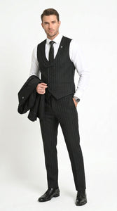 Men’s Black Tonal Shadow Pinstripe Vested Suit – 3 Piece Classic Fit Formal Wedding & Business Suit By Vitali
