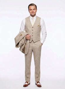 Men’s Light Tan Tweed Great Gatsby 3 Piece Suit – Vintage Vested Wedding Suit, 1920s Classic Formal Outfit Herringbone