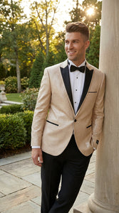 Men’s Gold Blazer with Black Lapel – Elegant Gold Formal Blazer Jacket for Wedding, Prom, Tuxedo in champagne Color