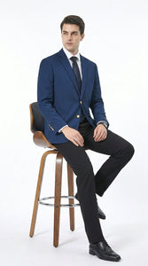 Men’s Sapphire Indigo Cobalt Blue Blazer with Gold Buttons – Classic Single Breasted Formal Business Jacket for Office, Wedding