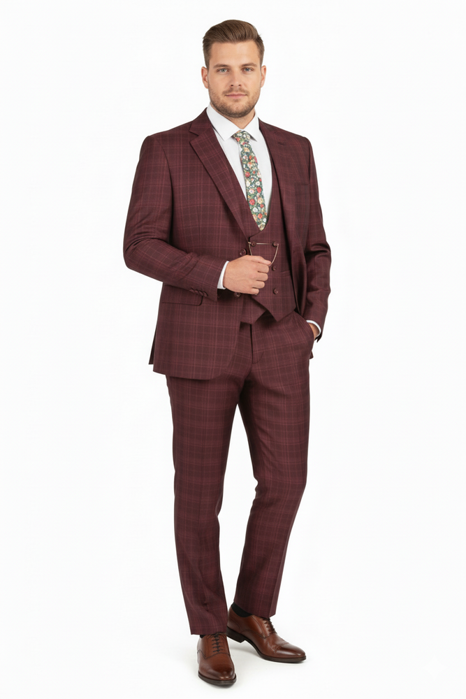Men’s Burgundy Checkered 3-Piece Suit – Windowpane Classic Fit Plaid Blazer with Vest and Pants