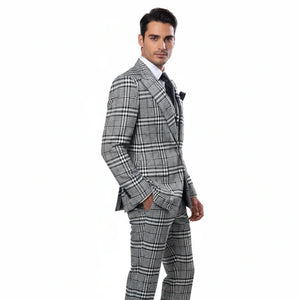 Suits With Baggy Pleated Pants - Wide Leg Pants 100% Wool - Classic Fit in One Button 3 Piece Suit by Rossiman
