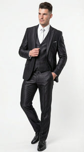 Men’s Black Three Piece Suit – Modern Fit 3PC Formal Suit with Vest for Wedding, Prom and Business Events Sharkskin Shiny Fabric