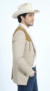 Men’s Khaki Western Blazer with Suede Yokes, Cowboy Sport Coat , Ranch and Country Events in Tan Khaki Color By Platini