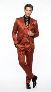 Men’s Rust Copper Coganc Shiny Sateen 3 Piece Suit, Vested Formal Wedding Prom Suit Set Ultra Slim Fit