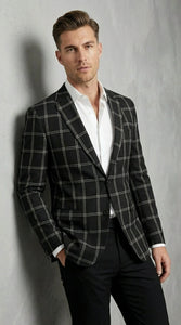 Men’s Black Windowpane Check Blazer – Black Plaid Formal Blazer Jacket for Business, Wedding and Smart Casual Style