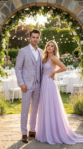 Men’s Lilac Lavender Windowpane Check 3 Piece Suit – Lilac Plaid Formal Suit with Vest for Wedding, Prom and Business Events