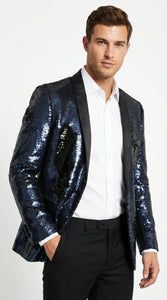 Men’s Navy Sequin Blazer – Navy Blue Sparkle Sequin Formal Blazer with Satin Lapel for Prom, Party and Evening Events