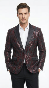 Men’s Black and Burgundy Sequin Blazer – Black Sparkle Sequin Party Blazer with Burgundy Pattern for Prom, Wedding Slim Fitted
