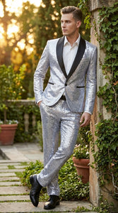 Mens Silver Grey Sequin Tuxedo Suit – Shiny Wedding Suit Set with Black Lapel for Prom, Party, Gala and Formal Evening Wear