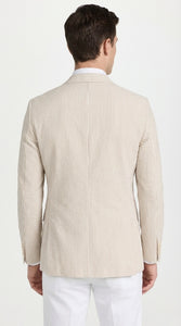 Mens Beige Seersucker Blazer – Lightweight Striped Summer Sport Coat Casual Smart Formal Jacket