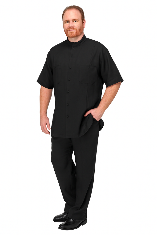 Men’s Black Banded Collar Walking Suit – Short Sleeve Shirt and Matching Pants Banded Collar Linen Fabric