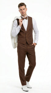 Men’s Ivory and Brown 3 Piece Suit – Elegant White Blazer with Brown Vest and Trousers for Wedding, Prom and Formal Events in off White Cream + Bowtie