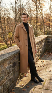 Men’s Full-Length Camel Overcoat – Classic Long Microfiber-Blend Coat for Winter and Formal Wear Maxi Duster Coat
