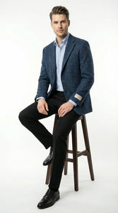Mens Light Blue Tweed Blazer Sport Coat – Classic Herringbone Jacket Formal Business Casual Smart Outerwear in indigo cobalt blue