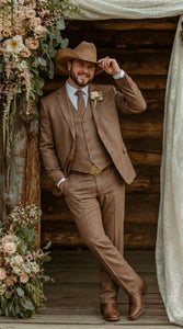 Men’s Light Brown Western 3 Piece Suit – Classic Country Style Blazer Vest Pants Set, Formal Cowboy Suit Toast