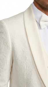 Men’s Ivory Paisley Tuxedo Suit 3 Piece – One Button Vested Satin Formal Suit for Wedding in Off white Cream Color