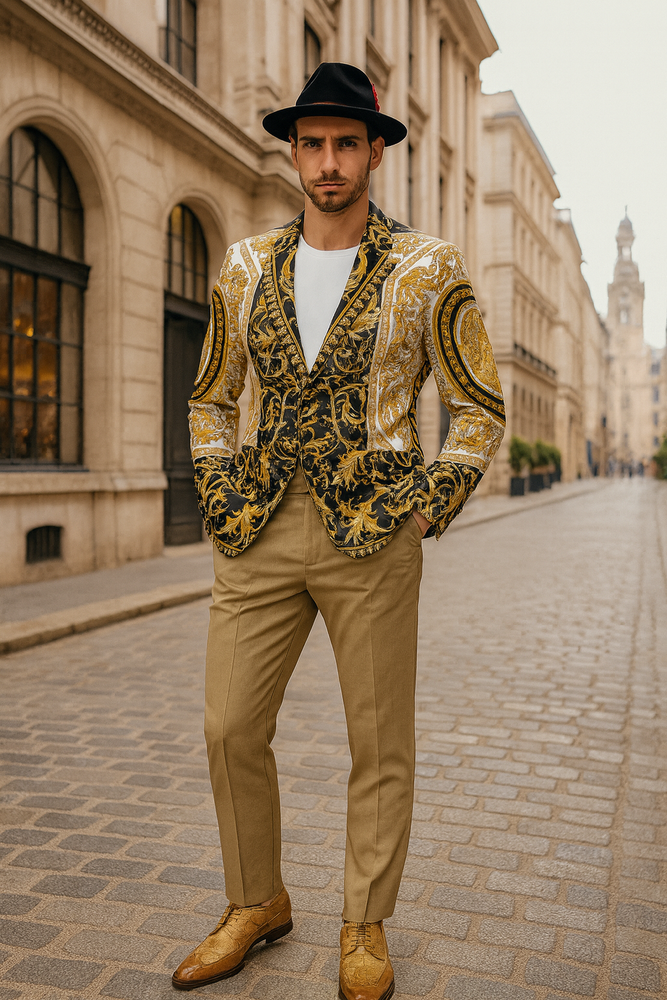 Men’s Black and Gold Baroque Blazer with Matching Pants, Hat, and Shoes – Luxury Party and Wedding Outfits Set