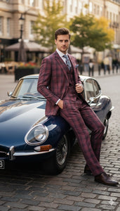 Mens Red Burgundy Plaid 3-Piece Suit – Classic Checkered Modern Fit Suit for Weddings, Church and Formal Events