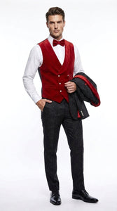 Men’s Black Paisley Tuxedo with Red Velvet Shawl Lapel – 3 Piece Wedding Prom Suit With Matching Bowtie