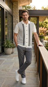 Mens White and Charcoal Gray Stripe Walking Suit Set – Short Sleeve Button Shirt and Pants Casual Summer Outfit for Travel, Vacation and Everyday Wear
