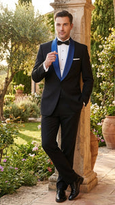Men’s Black Tuxedo with Royal Blue Shawl Lapel | Modern Formal Dinner Jacket Suit + Pants for Weddings, Proms