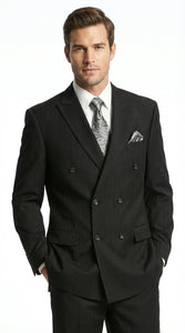 Men’s Black Pinstripe Double Breasted Suit – Peak Lapel Classic Fit Formal Business Conservative settle stripe