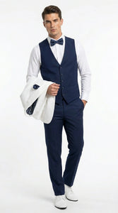 Men’s White and Navy blue tuxedo  3 Piece Suit – Classic White Blazer with Navy Vest and Pants for Wedding, Party + Bowtie