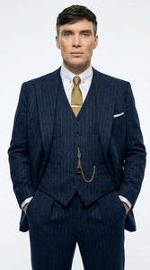 Men’s Navy Blue Pinstripe 3 Piece Suit, Thomas Shelby Inspired Vintage Formal Suit for Weddings, Parties, Prom, and Special Events