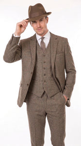 Men’s Brown Herringbone 3 Piece Suit – Vintage 1950s Inspired Tweed Vested Classic Suit