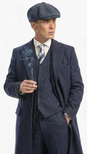 Men’s Navy Blue Herringbone Tweed  1920s 3 Piece Suit with Overcoat – Vintage Peaky Blinder Style Formal Suit Set with Blazer, Waistcoat + Overcoat + Hat
