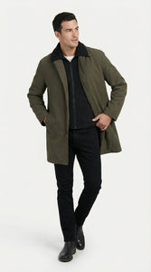 Mens Olive Brown Trench Coat Raincoat – Classic Water Resistant Long Coat with Zip and Button Closure for Business, Travel and Everyday Outerwear