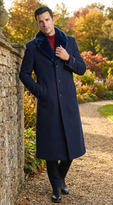 Men’s Dark Navy Blue Long Overcoat with Faux Fur Collar, Classic Winter Dress Coat for Formal