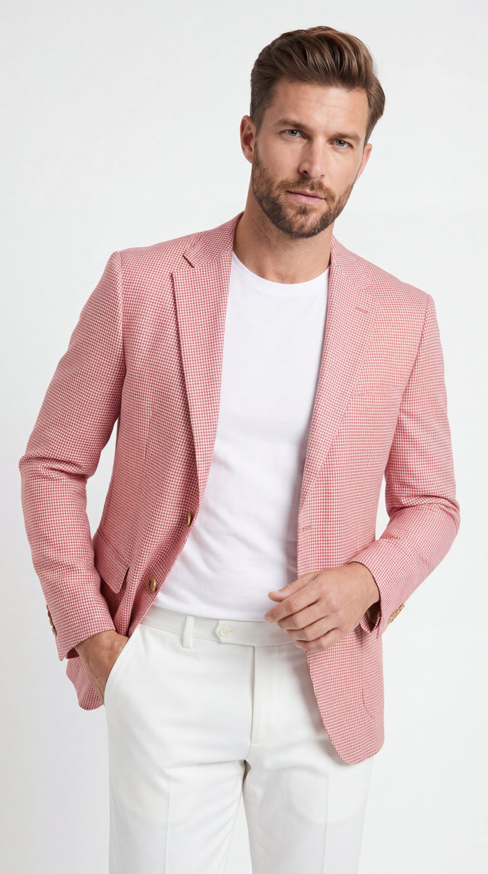 Men’s Red and white Houndstooth Summer Blazer, Lightweight Check Sport Coat for Weddings, Prom, Parties